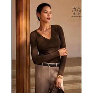 OGL Top Size S NEW Brown V-Neck Ruched Sides Brami Top Long Sleeve Stretch